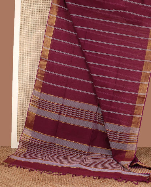 Maroon striped jute cotton saree, zari self-border, and striped pallu