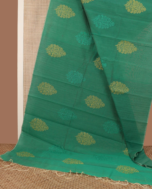 Borderless green meena thread foral buttas woven semi-silk cotton saree