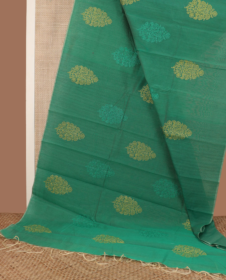Borderless green meena thread foral buttas woven semi-silk cotton saree