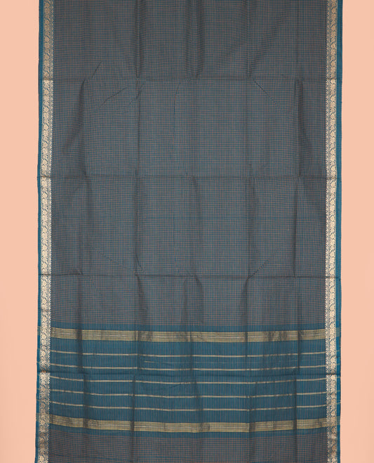 Blue micro-checked nine-yard cotton saree, traditional motif border, and striped pallu