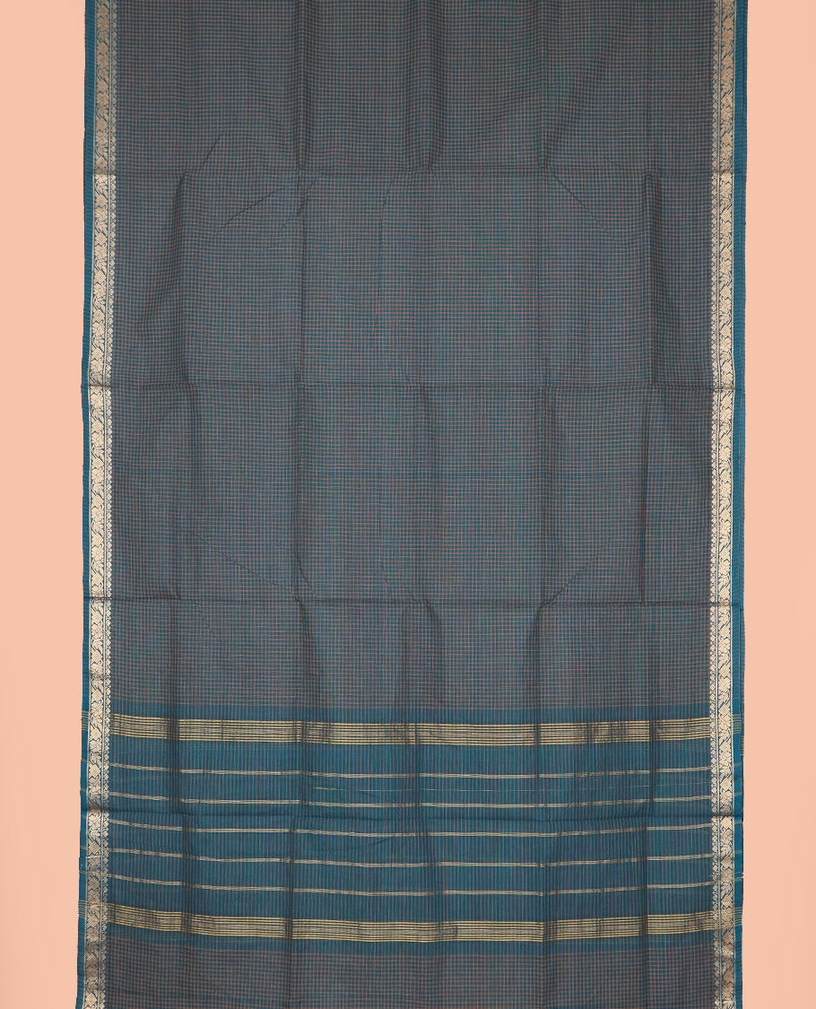 Blue micro-checked nine-yard cotton saree, traditional motif border, and striped pallu