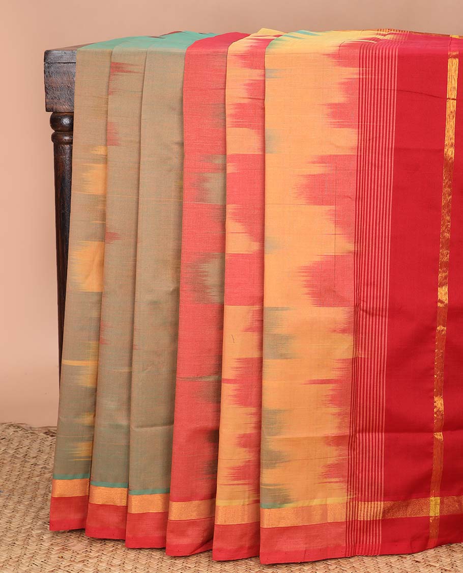 Multi-color ikkat design poly cotton saree, zari border, and zari striped pallu