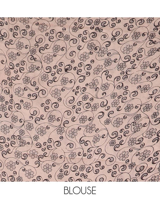 Maroon leaf machine printed kalamkari cotton saree, floral printed border, and pallu of peacock print