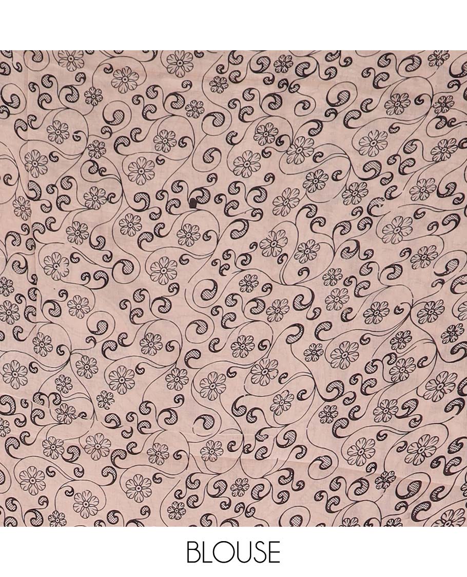 Maroon leaf machine printed kalamkari cotton saree, floral printed border, and pallu of peacock print