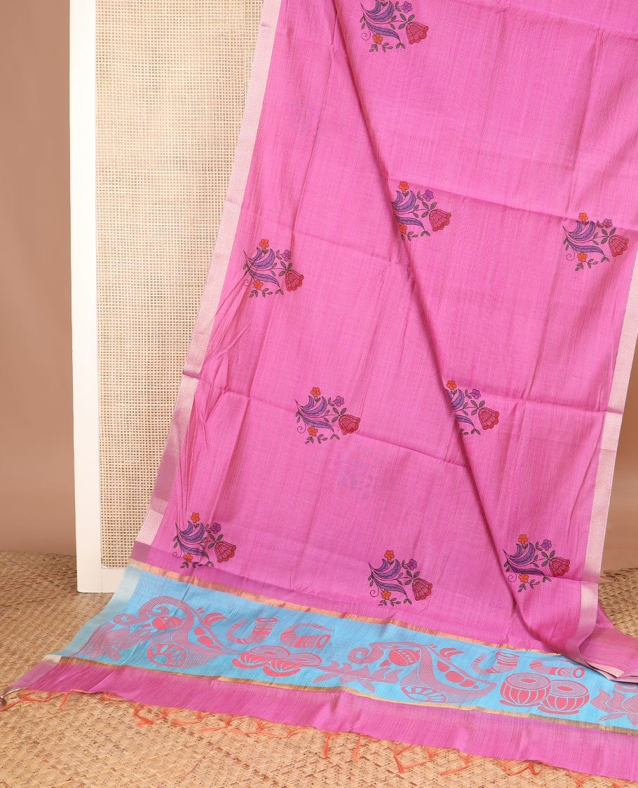 Pink floral buttas printed chirala cotton saree, bavanji border, and contrast musical motifs print pallu