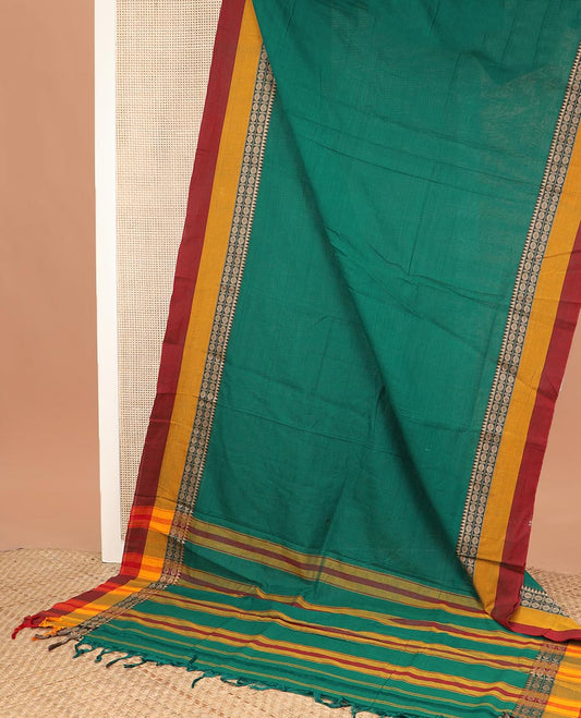 Green plain Narayanapet cotton saree, contrast rudraksham and temple motifs thread woven border, and striped pallu