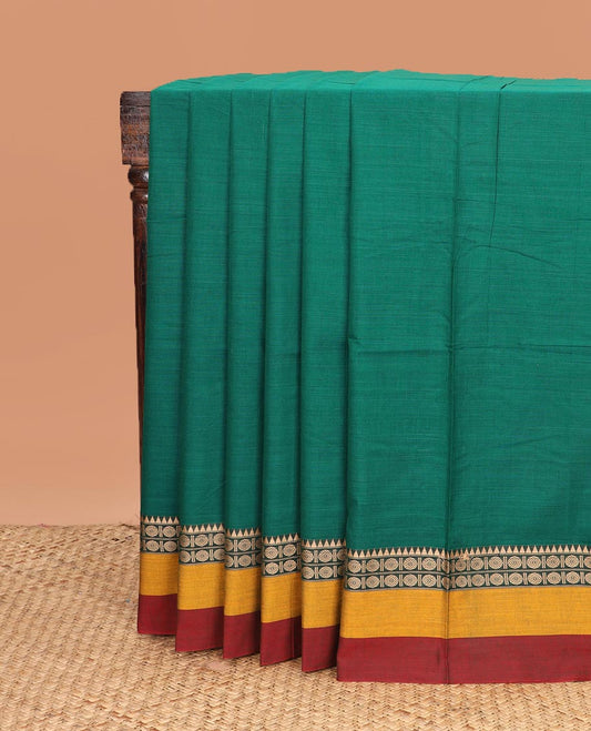 Green plain Narayanapet cotton saree, contrast rudraksham and temple motifs thread woven border, and striped pallu