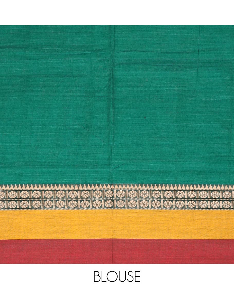 Green plain Narayanapet cotton saree, contrast rudraksham and temple motifs thread woven border, and striped pallu