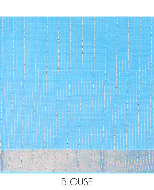 Sky blue horizontal striped jute cotton saree, bavanji border, and striped pallu
