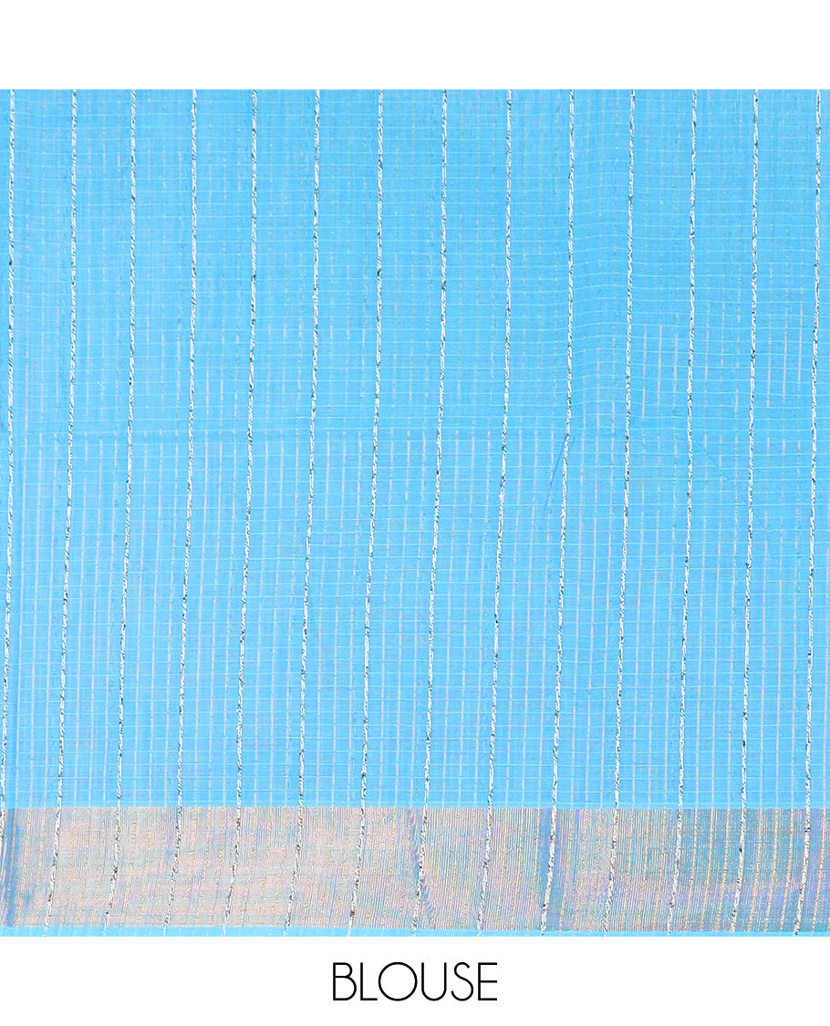 Sky blue horizontal striped jute cotton saree, bavanji border, and striped pallu