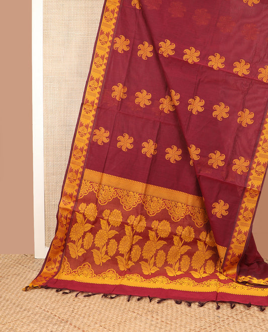 Maroon floral buttas Coimbatore Cotton saree, traditional border, and pallu of floral designs