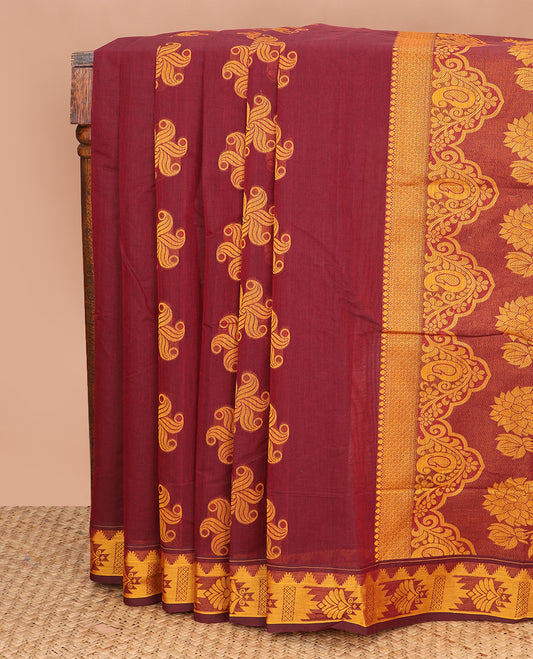 Maroon floral buttas Coimbatore Cotton saree, traditional border, and pallu of floral designs