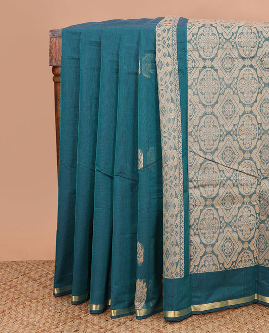 Ramar blue buttas kanchi cotton saree, thin piping border, and geometric pallu