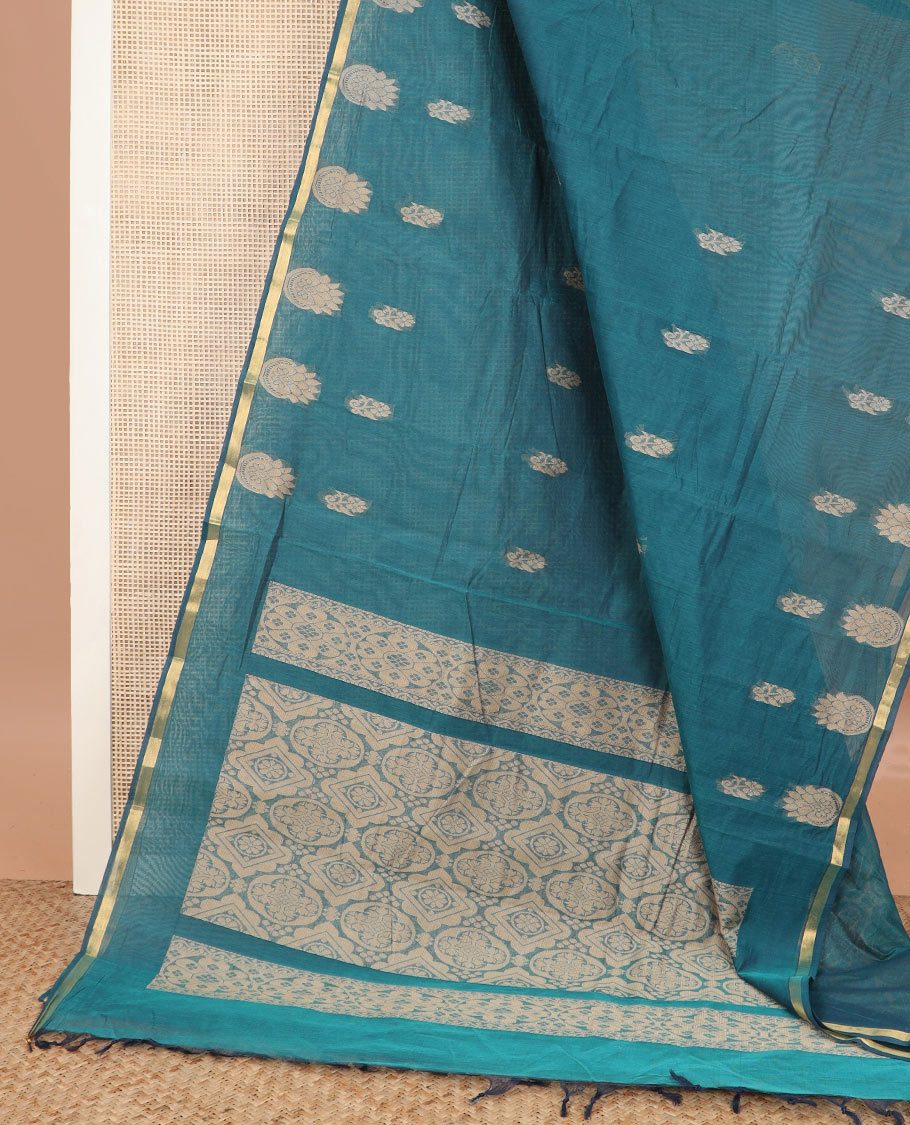 Ramar blue buttas kanchi cotton saree, thin piping border, and geometric pallu