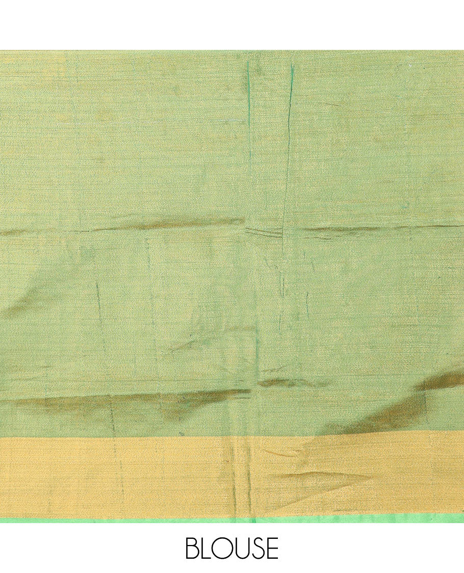 Orange lotus vine printed Andhra cotton saree, contrast bavanji border, and pallu printed with floral, and checks