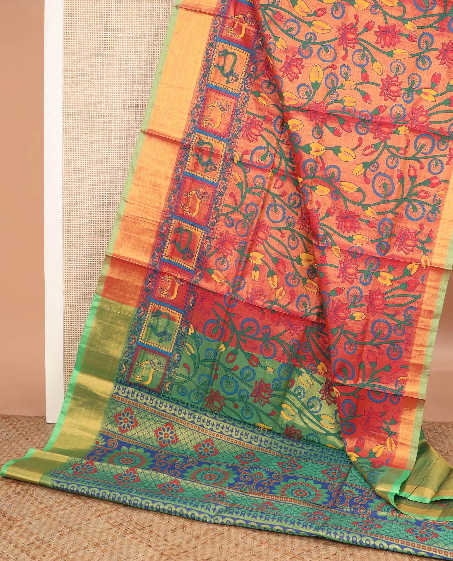 Orange lotus vine printed Andhra cotton saree, contrast bavanji border, and pallu printed with floral, and checks