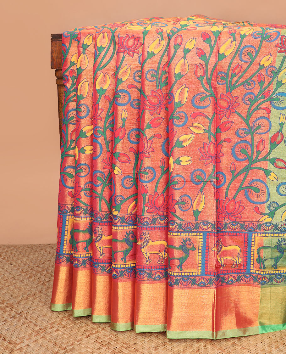 Orange lotus vine printed Andhra cotton saree, contrast bavanji border, and pallu printed with floral, and checks