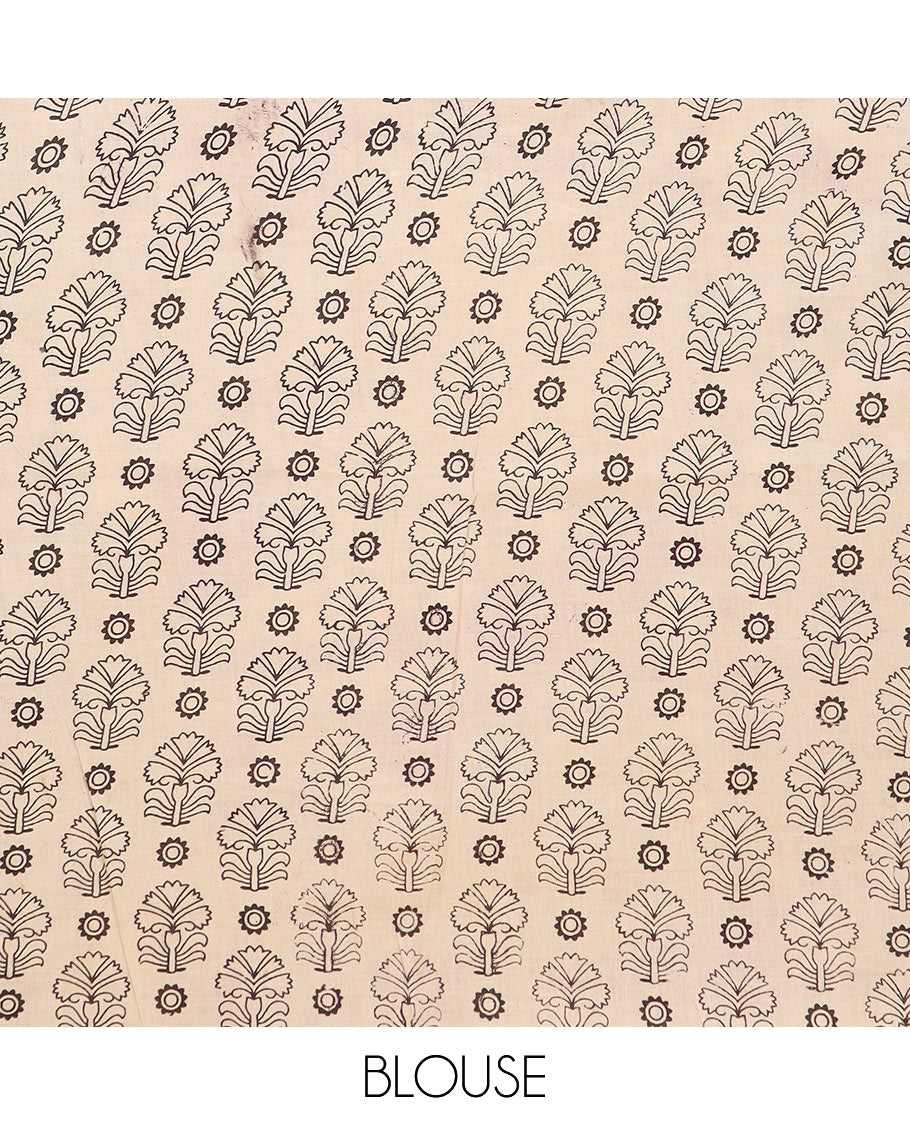 Multi-color ancient human motifs machine-printed kalamkari cotton saree, peacock printed border, and pallu of Pichwai cow and Radha Krishna motifs