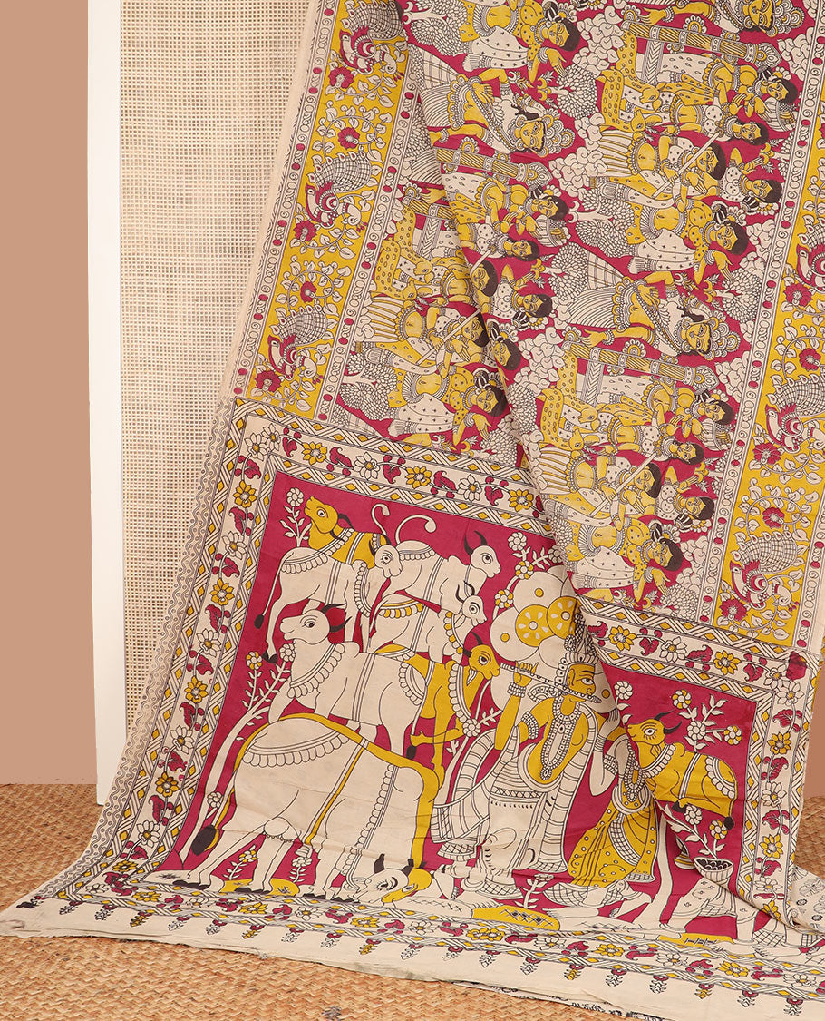 Multi-color ancient human motifs machine-printed kalamkari cotton saree, peacock printed border, and pallu of Pichwai cow and Radha Krishna motifs