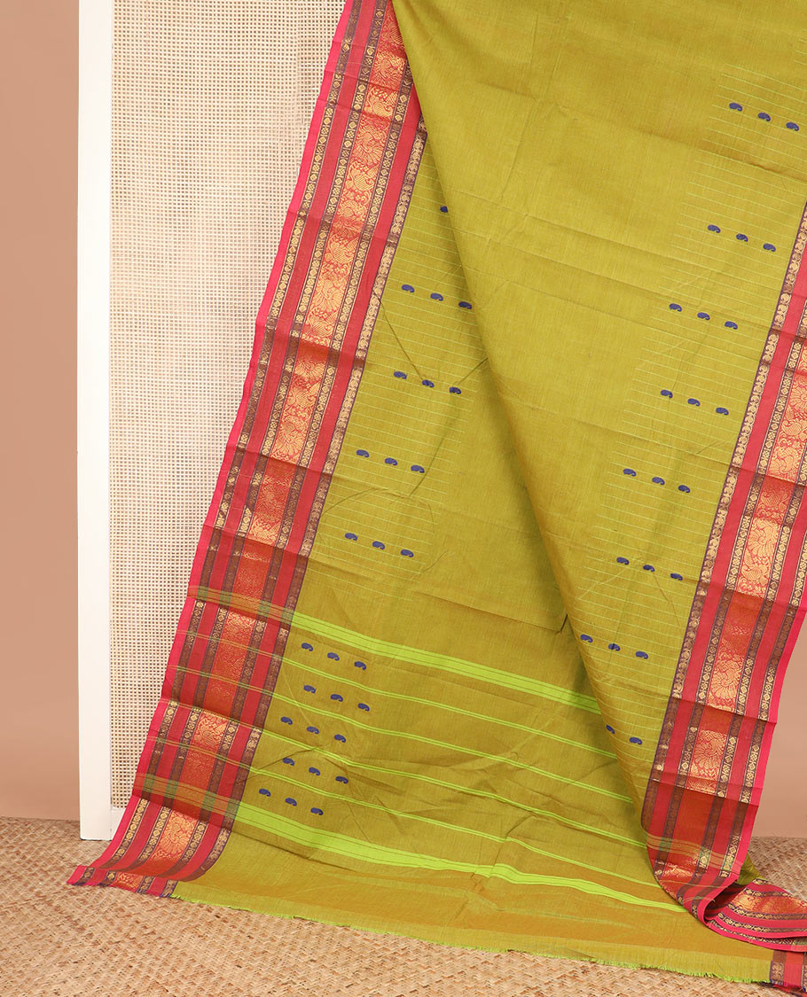 Green striped and paisley buttas Chettinad cotton saree, contrast traditional zari design steeped border, and striped pallu