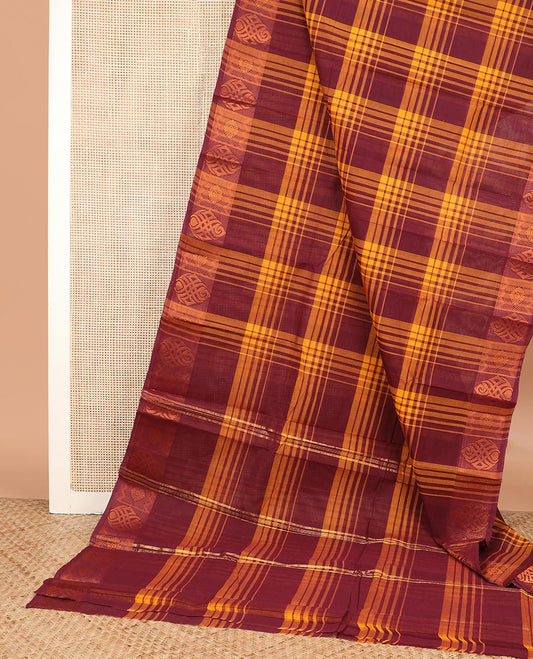 Maroon checked design Chettinad cotton saree, unique motifs woven border, and striped pallu