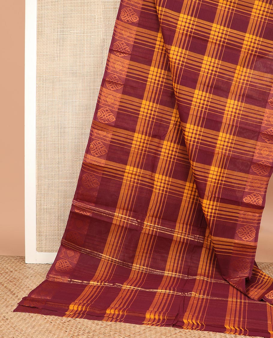 Maroon checked design Chettinad cotton saree, unique motifs woven border, and striped pallu