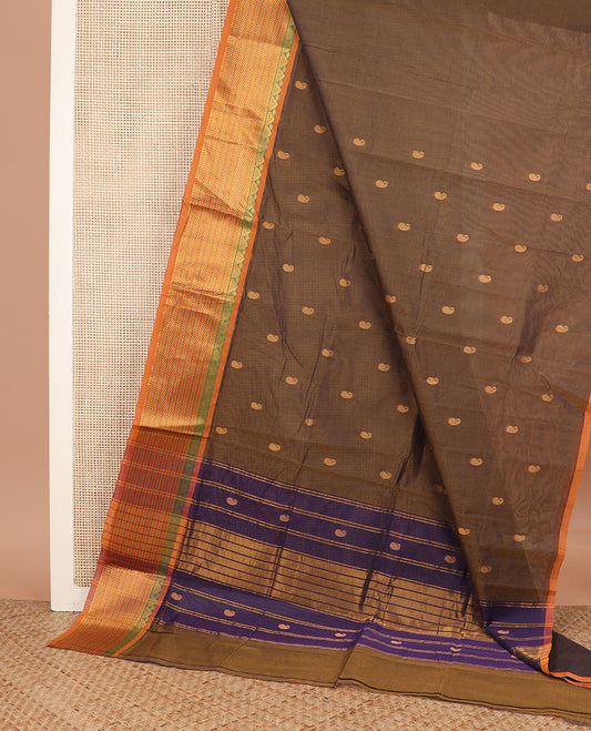 Brown paisley buttas Venkatagiri cotton saree, contrast traditional zari design border, and zari striped pallu