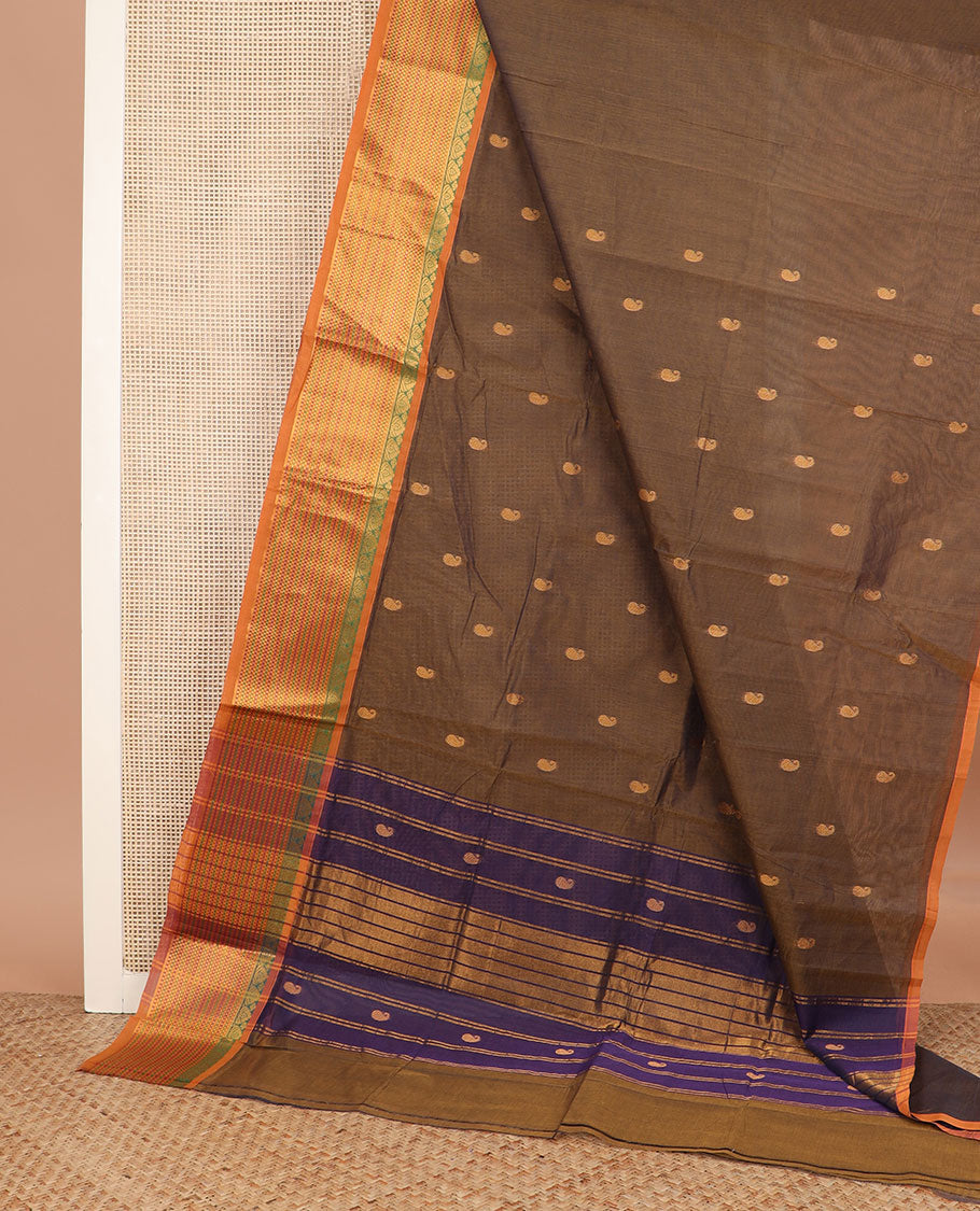 Brown paisley buttas Venkatagiri cotton saree, contrast traditional zari design border, and zari striped pallu
