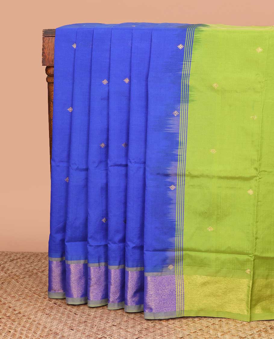 Royal blue diamond buttas poly cotton saree, contrast zari border, and contrast zari buttas pallu