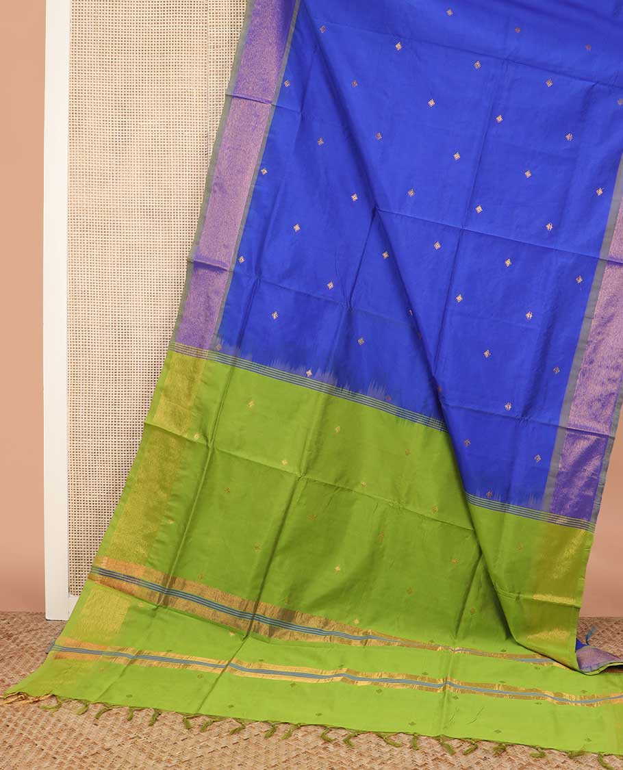 Royal blue diamond buttas poly cotton saree, contrast zari border, and contrast zari buttas pallu