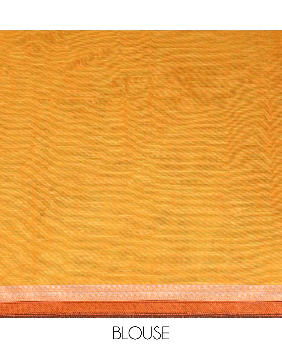 Green floral and animal motifs printed chirala cotton saree, contrast temple border, and contrast striped pallu