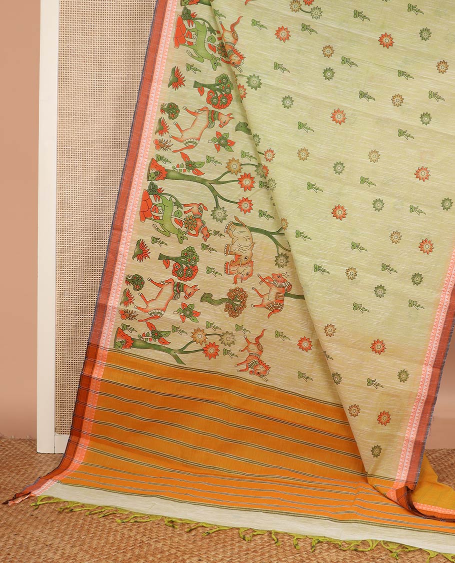 Green floral and animal motifs printed chirala cotton saree, contrast temple border, and contrast striped pallu