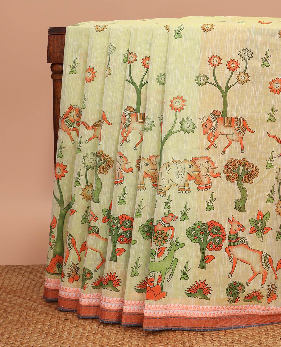 Green floral and animal motifs printed chirala cotton saree, contrast temple border, and contrast striped pallu