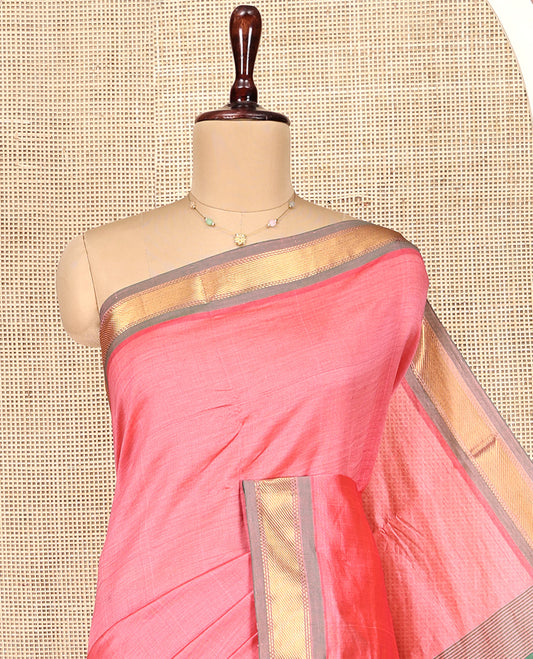Pink Plain Poly Cotton Saree, Complemented by Contrast Zari Border, Contrast Striped Pallu, and Paired with a Contrast Blouse