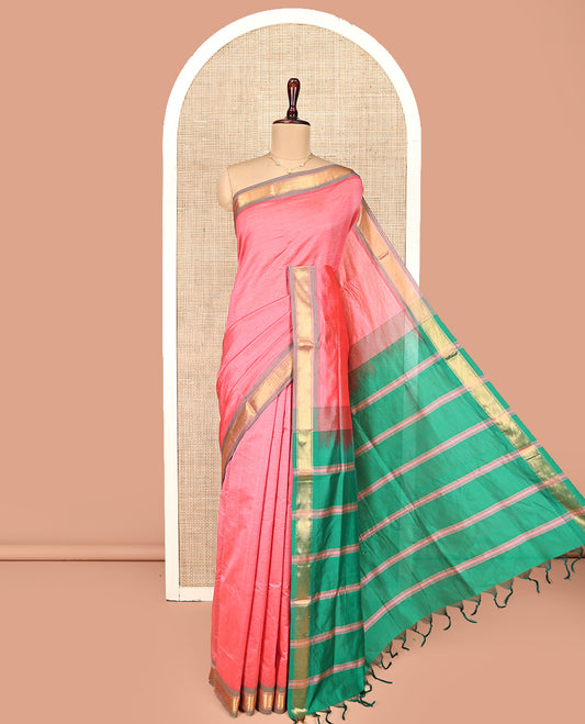 Pink Plain Poly Cotton Saree, Complemented by Contrast Zari Border, Contrast Striped Pallu, and Paired with a Contrast Blouse