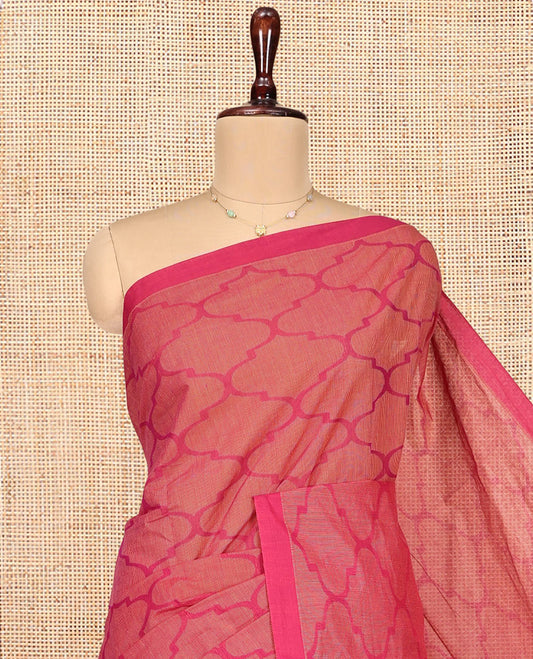 Pink Coimbatore Cotton Saree, Detailed with Ogee Design on Its Body, a Subtle Plain Border, Pallu of Floral Patterns, and Paired with Matching Blouse