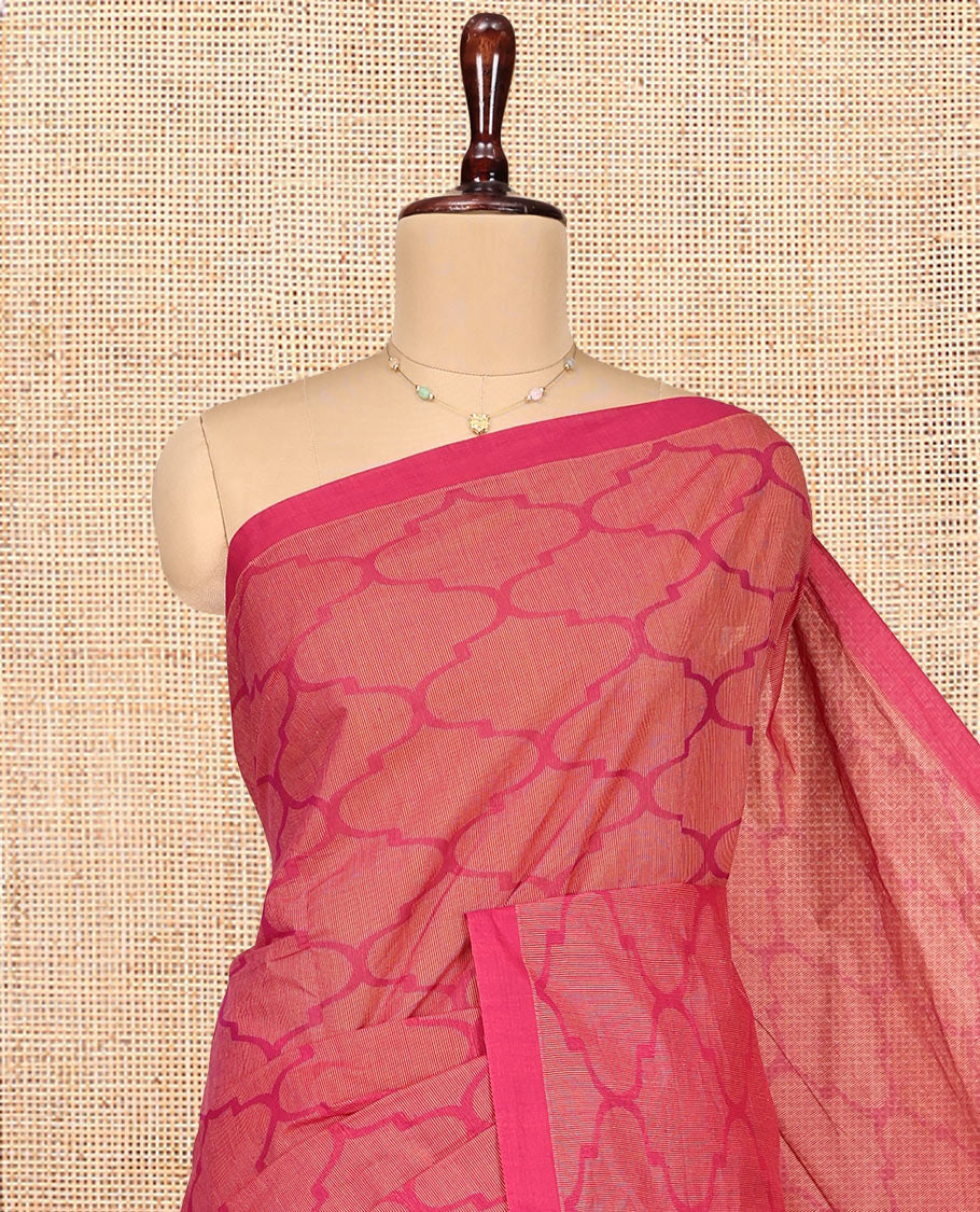 Pink Coimbatore Cotton Saree, Detailed with Ogee Design on Its Body, a Subtle Plain Border, Pallu of Floral Patterns, and Paired with Matching Blouse