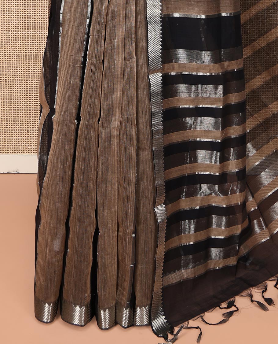 Black Mangalgiri Cotton Saree, Gleamed Up with Stripes on Its Body, Highlighted by Zari Temple Border, Zari-Striped Pallu, and Paired with a Contrast Blouse