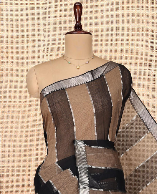 Black Mangalgiri Cotton Saree, Gleamed Up with Stripes on Its Body, Highlighted by Zari Temple Border, Zari-Striped Pallu, and Paired with a Contrast Blouse