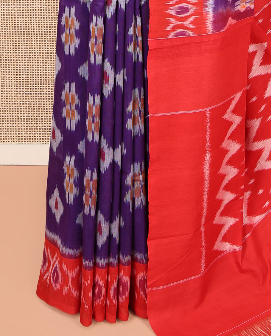 Violet Ikkat Cotton Saree, Showcasing Ikkat Buttas All Over Its Body, Complemented by a Contrast Ikkat-Style Border, Chevron Striped Pallu, and Paired with a Contrast Blouse