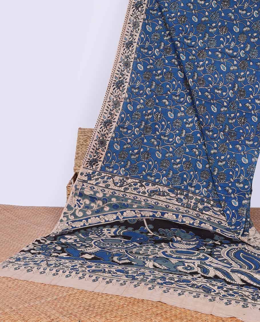 Blue floral vine design machine printed kalamkari cotton saree with contrast flora design border & animal motifs pallu