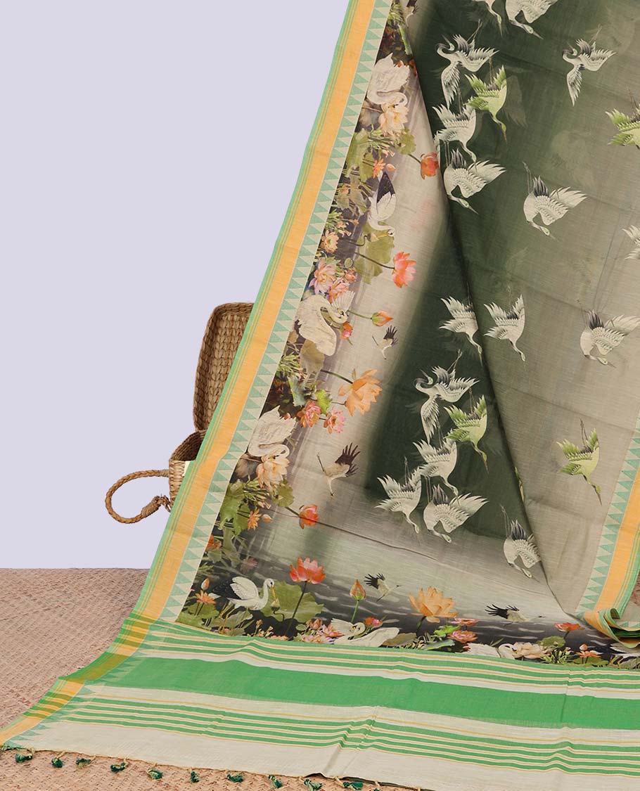 Multi-color lake design chirala cotton saree with contrast temple deign border & striped pallu