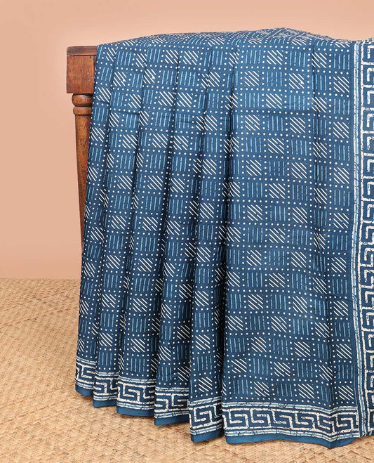 Blue geometric design mul mul cotton saree with self geometric design border & paisley, geometric design pallu