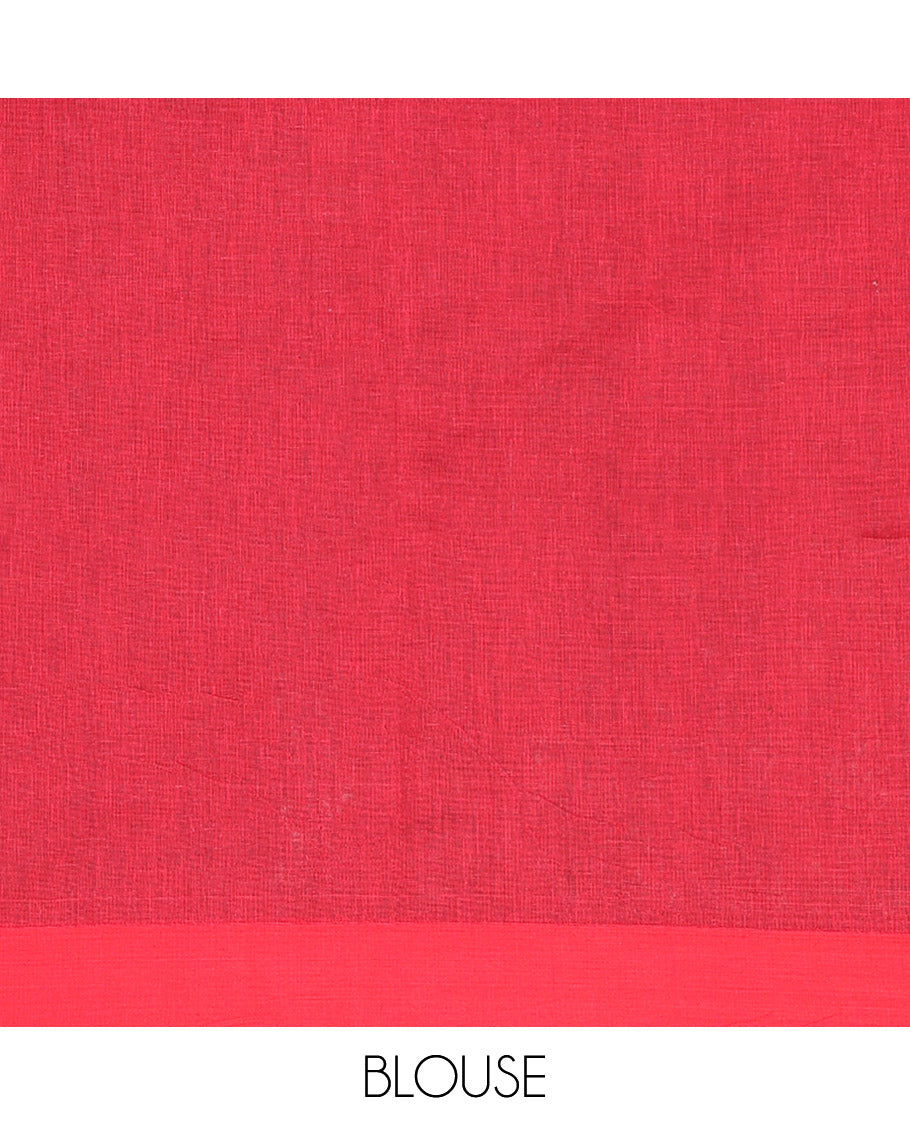 Maroon Plain Khadi Cotton Saree, Subtly Sparked with Contrasting Plain Border, Subtly Striped Pallu, and Paired with a Contrast Blouse