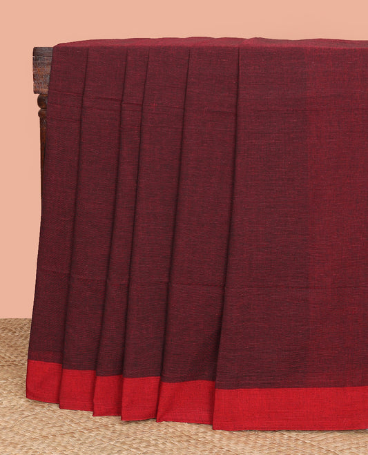 Maroon Plain Khadi Cotton Saree, Subtly Sparked with Contrasting Plain Border, Subtly Striped Pallu, and Paired with a Contrast Blouse