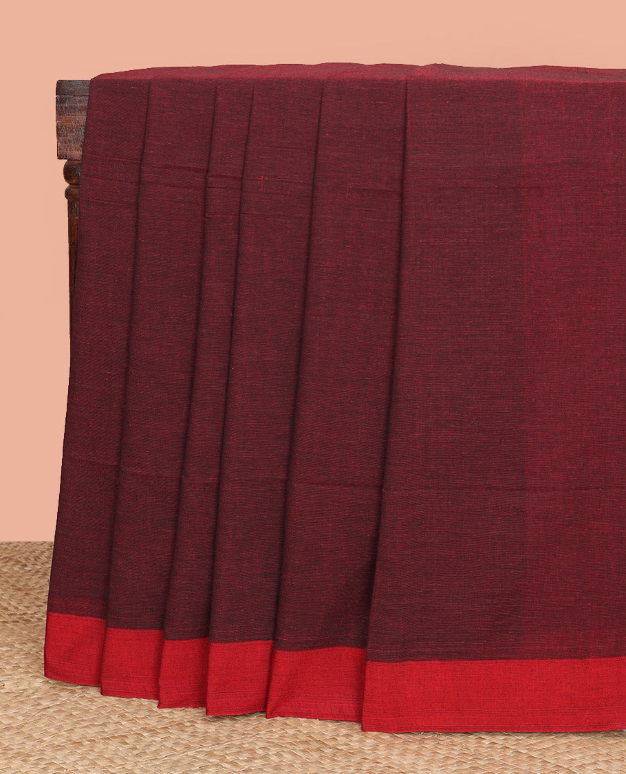 Maroon Plain Khadi Cotton Saree, Subtly Sparked with Contrasting Plain Border, Subtly Striped Pallu, and Paired with a Contrast Blouse