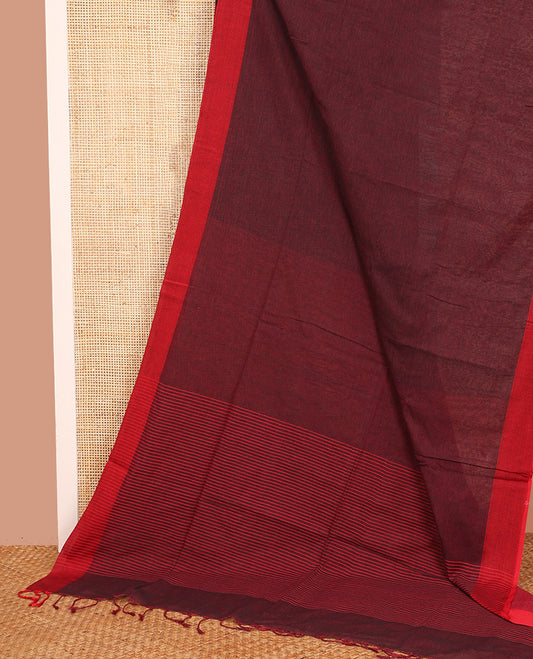 Maroon Plain Khadi Cotton Saree, Subtly Sparked with Contrasting Plain Border, Subtly Striped Pallu, and Paired with a Contrast Blouse