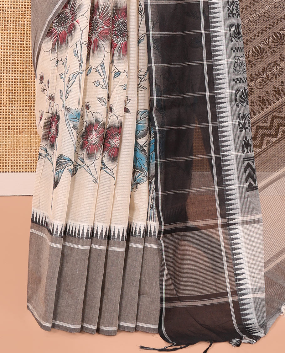 Cream-Grey Andhra Cotton Saree, Artfully Printed with a Floral Print, a Contrast Temple Border, Pallu of Floral Print, and Contrast Blouse