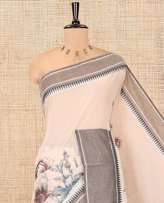 Cream-Grey Andhra Cotton Saree, Artfully Printed with a Floral Print, a Contrast Temple Border, Pallu of Floral Print, and Contrast Blouse