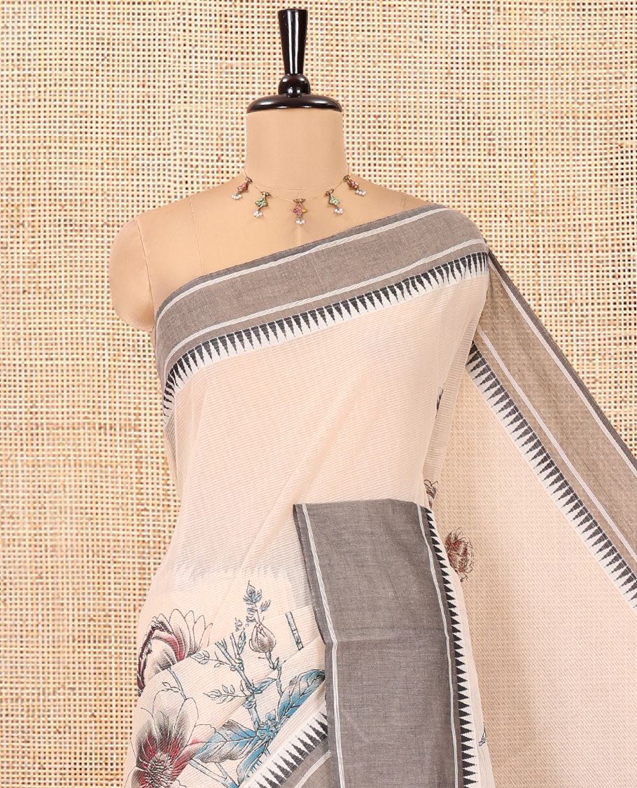 Cream-Grey Andhra Cotton Saree, Artfully Printed with a Floral Print, a Contrast Temple Border, Pallu of Floral Print, and Contrast Blouse